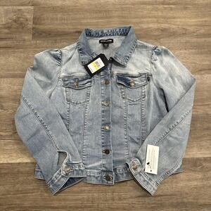 Nautica Jean Denim Jacket Women Medium Puff Sleeve Stretch Medium Wash